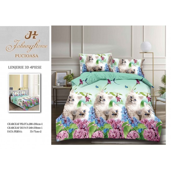 Set Lenjerie de Pat din Bumbac Satinat, 4 Piese, Pat 2 Persoane, Imprimeu 3D Identic cu Poza, Alb-Verde, pisica, LSD-013 Lenjerii de Pat 3D