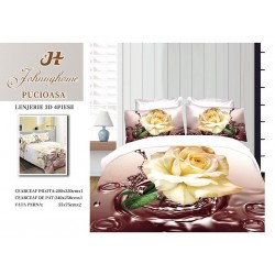 Set Lenjerie de Pat din Bumbac Satinat, 4 Piese, Pat 2 Persoane, Imprimeu 3D Identic cu Poza, Crem-Bej, flori, LSD-017