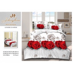 Set Lenjerie de Pat din Bumbac Satinat, 4 Piese, Pat 2 Persoane, Imprimeu 3D Identic cu Poza, Alb-Rosu, flori, LSD-022