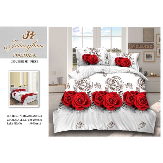 Set Lenjerie de Pat din Bumbac Satinat, 4 Piese, Pat 2 Persoane, Imprimeu 3D Identic cu Poza, Alb-Rosu, flori, LSD-022 Lenjerii de Pat 3D