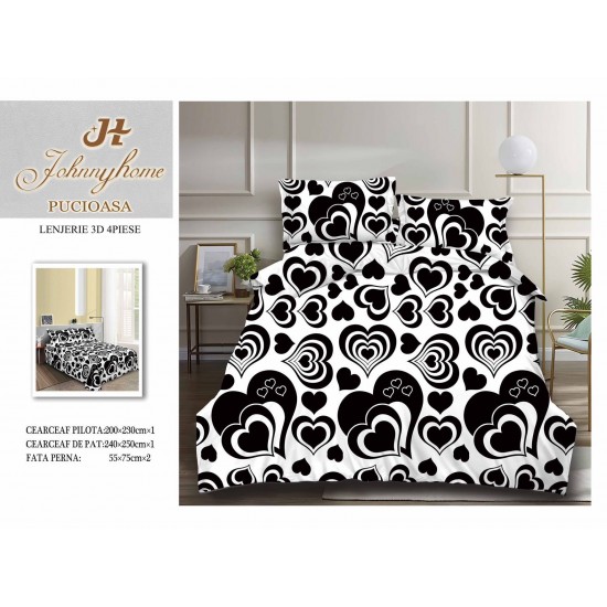 Set Lenjerie de Pat din Bumbac Satinat, 4 Piese, Pat 2 Persoane, Imprimeu 3D Identic cu Poza, Alb-Negru, inimi, LSD-024 Lenjerii de Pat 3D