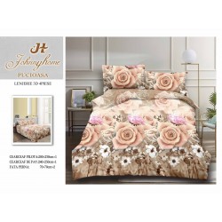 Set Lenjerie de Pat din Bumbac Satinat, 4 Piese, Pat 2 Persoane, Imprimeu 3D Identic cu Poza, Crem-Bej, flori, LSD-025