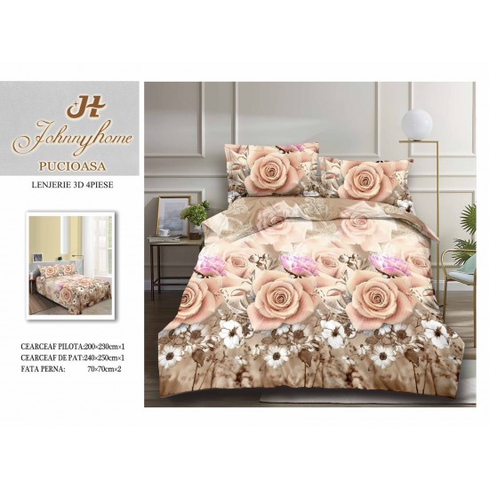 Set Lenjerie de Pat din Bumbac Satinat, 4 Piese, Pat 2 Persoane, Imprimeu 3D Identic cu Poza, Crem-Bej, flori, LSD-025 Lenjerii de Pat 3D