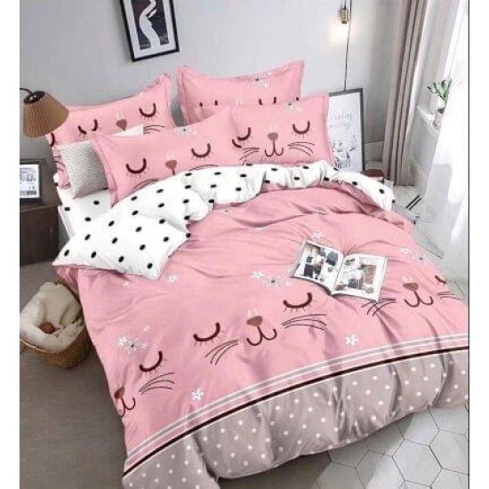Lenjerie de Pat din Finet, 4 Piese, Pat 1 Persoana, Roz-Alb, pisica, LFS-082 Lenjerii Finet 1 persoana