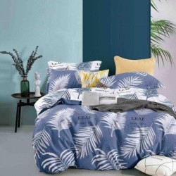 Lenjerie de Pat din Finet, 4 Piese, Pat 1 Persoana, Blue-Alb, frunze, LFS-085