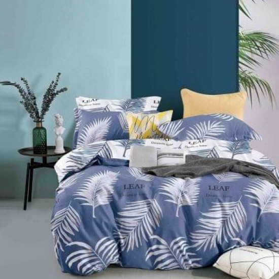 Lenjerie de Pat din Finet, 4 Piese, Pat 1 Persoana, Blue-Alb, frunze, LFS-085 Lenjerii Finet 1 persoana