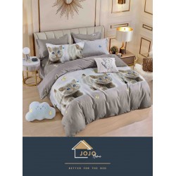 Lenjerie de Pat din Finet, 4 Piese, Pat 1 Persoana, Gri, pisica, LFS-079