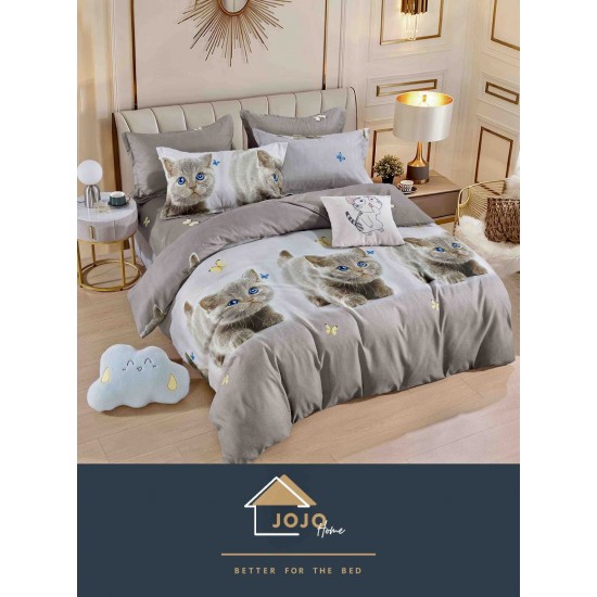 Lenjerie de Pat din Finet, 4 Piese, Pat 1 Persoana, Gri, pisica, LFS-079 Lenjerii Finet 1 persoana