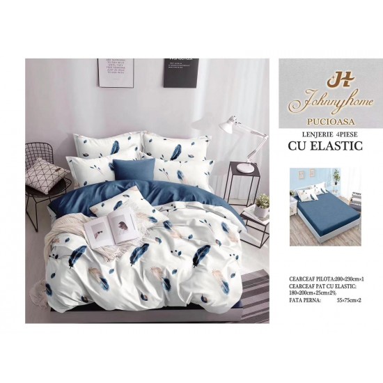Lenjerie pat dublu, Bumbac Satinat Superior, 4 piese, cu ELASTIC, Alb-Albastru, pene, LDBSE-048 Oferta Trio 229