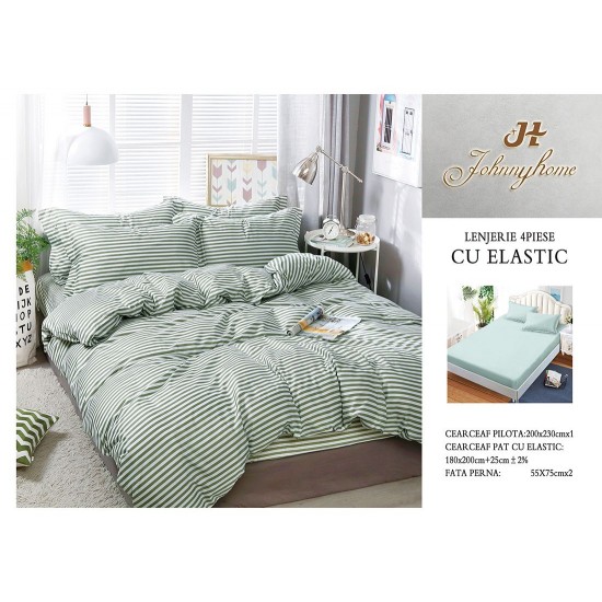Lenjerie pat dublu, Bumbac Satinat Superior, 4 piese, cu ELASTIC, Verde-Alb, linii, LDBSE-056 Oferta Trio 229