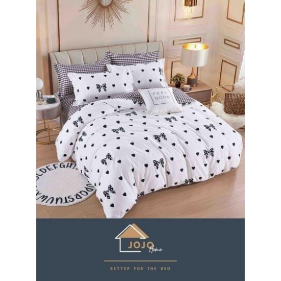 Set Lenjerie de Pat din Finet cu 2 Fete, 6 Piese, Pat 2 Persoane, Alb-Negru, inimioare, LDF-068 Lenjerii Finet 6 piese