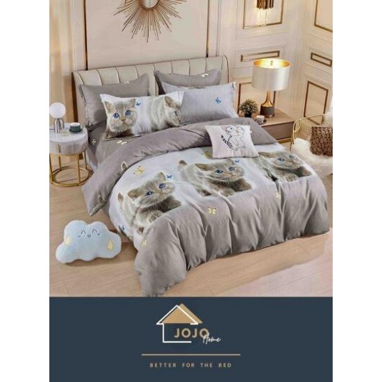 Set Lenjerie de Pat din Finet cu 2 Fete, 6 Piese, Pat 2 Persoane, Bej-Multicolor, pisica, LDF-065 Lenjerii Finet 6 piese