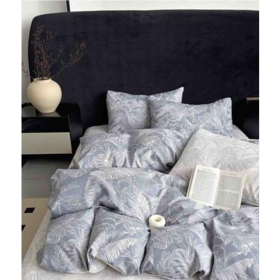 Set Lenjerie de Pat din Finet cu 2 Fete, 6 Piese, Pat 2 Persoane, Blue-Alb, frunze, LDF-073 Lenjerii Finet 6 piese