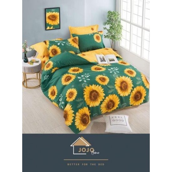 Set Lenjerie de Pat din Finet cu 2 Fete, 6 Piese, Pat 2 Persoane, Verde-Galben, flori, LDF-121 Lenjerii Finet 6 piese