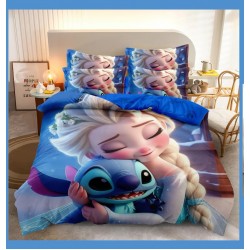 Lenjerie pat dublu, 6 piese, bumbac-finet, Albastru-Multicolor, Stitch&Elsa, LCC-008