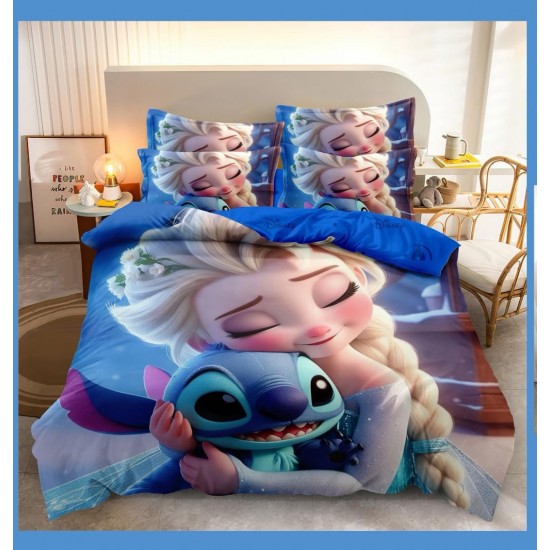 Lenjerie pat dublu, 6 piese, bumbac-finet, Albastru-Multicolor, Stitch&Elsa, LCC-008 Lenjerii Pentru Copii cu Desene Animate - Finet 6 piese