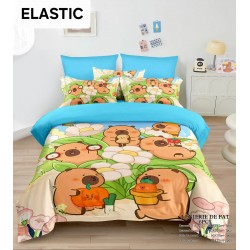 Lenjerie pat dublu, 6 piese, bumbac-finet, cu ELASTIC, Albastru-Multicolor, CAPYBARA, LCC-009