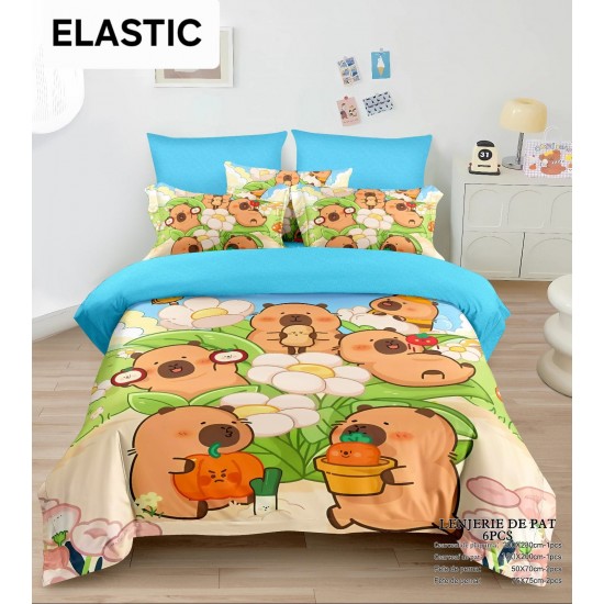 Lenjerie pat dublu, 6 piese, bumbac-finet, cu ELASTIC, Albastru-Multicolor, CAPYBARA, LCC-009 Lenjerii Pentru Copii cu Desene Animate - Finet 6 piese