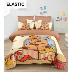 Lenjerie pat dublu, 6 piese, bumbac-finet, cu ELASTIC, Maro-Multicolor, CAPYBARA, LCC-032