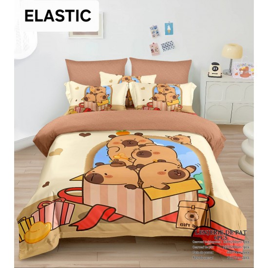 Lenjerie pat dublu, 6 piese, bumbac-finet, cu ELASTIC, Maro-Multicolor, CAPYBARA, LCC-032 Lenjerii Pentru Copii cu Desene Animate - Finet 6 piese