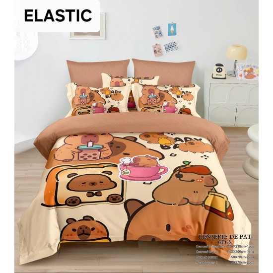 Lenjerie pat dublu, 6 piese, bumbac-finet, cu ELASTIC, Maro-Multicolor, CAPYBARA, LCC-034 Lenjerii Pentru Copii cu Desene Animate - Finet 6 piese