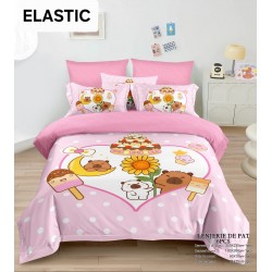 Lenjerie pat dublu, 6 piese, bumbac-finet, cu ELASTIC, Roz-Multicolor, CAPYBARA, LCC-035