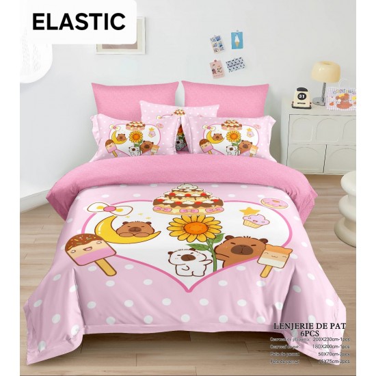 Lenjerie pat dublu, 6 piese, bumbac-finet, cu ELASTIC, Roz-Multicolor, CAPYBARA, LCC-035 Lenjerii Pentru Copii cu Desene Animate - Finet 6 piese