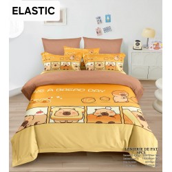 Lenjerie pat dublu, 6 piese, bumbac-finet, cu ELASTIC, Bej-Multicolor, CAPYBARA, LCC-036