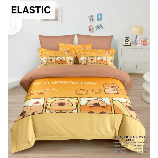 Lenjerie pat dublu, 6 piese, bumbac-finet, cu ELASTIC, Bej-Multicolor, CAPYBARA, LCC-036 Lenjerii Pentru Copii cu Desene Animate - Finet 6 piese