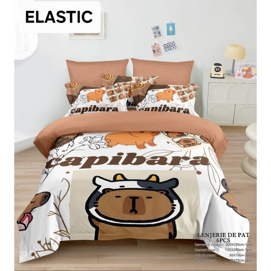 Lenjerie pat dublu, 6 piese, bumbac-finet, cu ELASTIC, Alb-Multicolor, CAPYBARA, LCC-037 Lenjerii Pentru Copii cu Desene Animate - Finet 6 piese