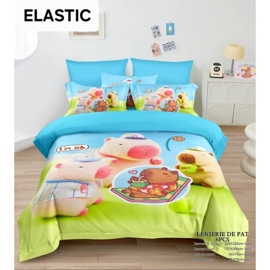 Lenjerie pat dublu, 6 piese, bumbac-finet, cu ELASTIC, Blue-Multicolor, CAPYBARA, LCC-038 Lenjerii Pentru Copii cu Desene Animate - Finet 6 piese