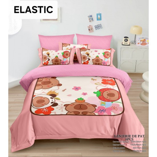 Lenjerie pat dublu, 6 piese, bumbac-finet, cu ELASTIC, Roz-Multicolor, CAPYBARA, LCC-039 Lenjerii Pentru Copii cu Desene Animate - Finet 6 piese