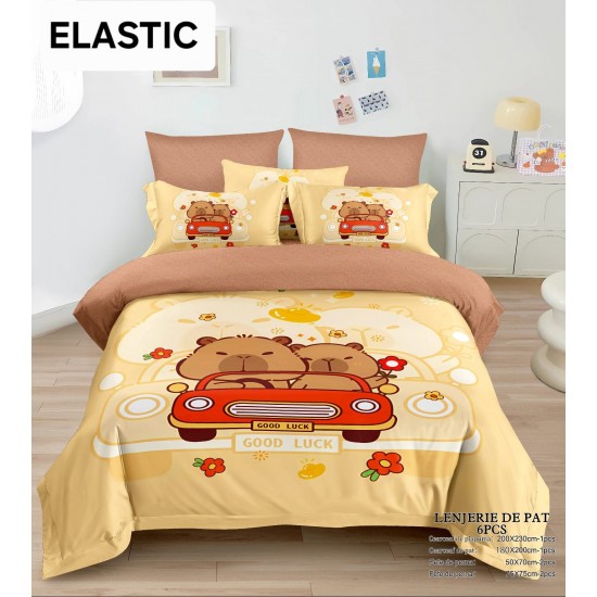 Lenjerie pat dublu, 6 piese, bumbac-finet, cu ELASTIC, LCC-041 Lenjerii Pentru Copii cu Desene Animate - Finet 6 piese