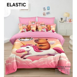 Lenjerie pat dublu, 6 piese, bumbac-finet, cu ELASTIC, Roz-Multicolor, CAPYBARA, LCC-042