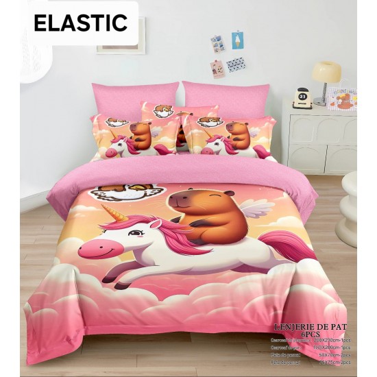 Lenjerie pat dublu, 6 piese, bumbac-finet, cu ELASTIC, Roz-Multicolor, CAPYBARA, LCC-042 Lenjerii Pentru Copii cu Desene Animate - Finet 6 piese