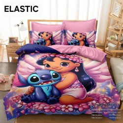 Lenjerie pat dublu, 6 piese, bumbac-finet, cu ELASTIC, Mov-Multicolor, Stitch, LCC-028