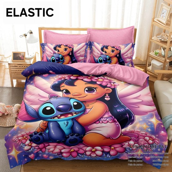 Lenjerie pat dublu, 6 piese, bumbac-finet, cu ELASTIC, Mov-Multicolor, Stitch, LCC-028 Lenjerii Pentru Copii cu Desene Animate - Finet 6 piese