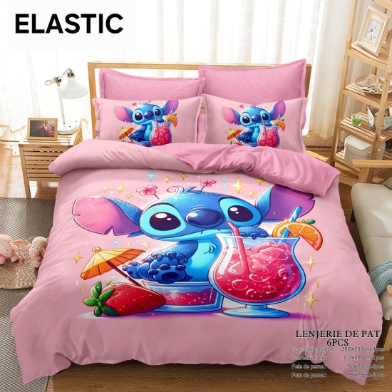 Lenjerie pat dublu, 6 piese, bumbac-finet, cu ELASTIC, Roz-Multicolor, Stitch, LCC-027 Lenjerii Pentru Copii cu Desene Animate - Finet 6 piese