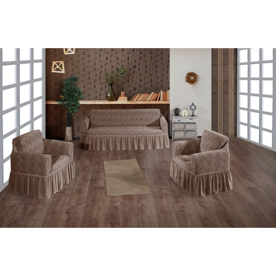Set huse pentru canapea 3 Locuri si 2 fotolii, cu volanas, model Jacquard, Maro inchis, HCJ-055 Huse Jacquard