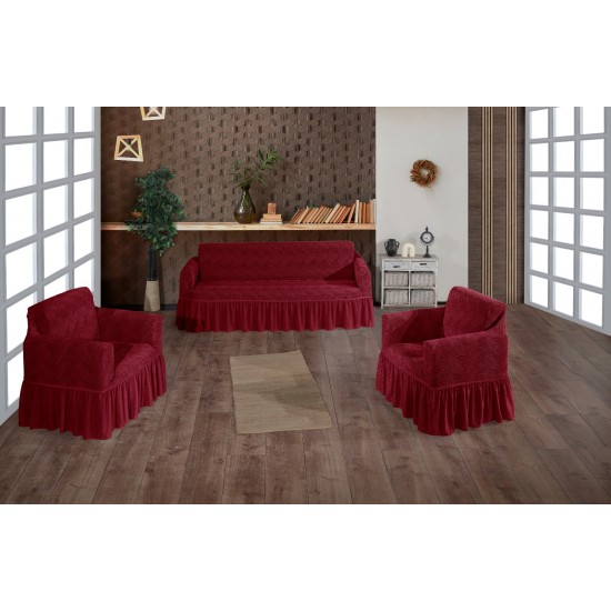 Set huse pentru canapea 3 Locuri si 2 fotolii, cu volanas, model Jacquard, Bordo, HCJ-057 Huse Jacquard