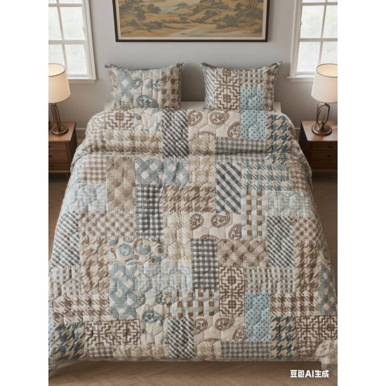 Set Pilota Matlasată 2 Fețe + 2 Fețe de Pernă, Bej-Multicolor, hexagon, PMV-001 Pilote Vara