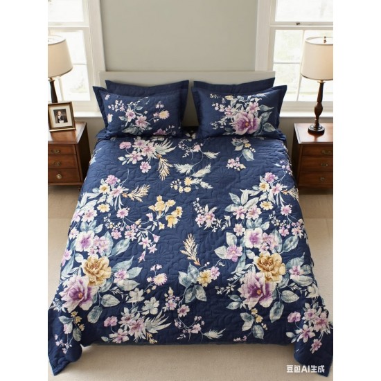 Set pilota de vară cu 2 fețe + 2 fețe de pernă– Bleumarin-Multicolor, flori, PMV-002 Pilote Vara