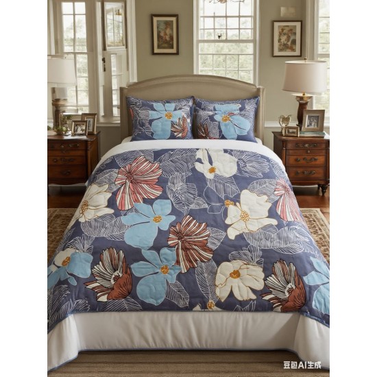 Set pilota de vară cu 2 fețe + 2 fețe de pernă – model floral tropical, albastru închis, PMV-009 Pilote Vara