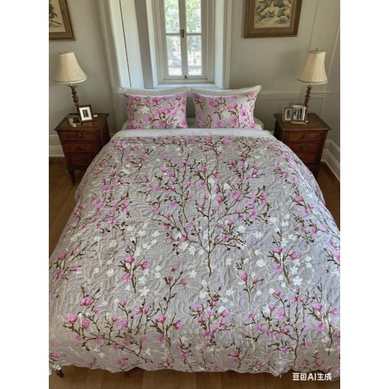 Set pilota de vară cu 2 fețe + 2 fețe de pernă – model floral roz, gri-bej, PMV-010 Pilote Vara