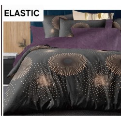 Lenjerie pat dublu, 4 piese, Bumbac Satinat Superior, cu ELASTIC, Negru-Mov, cercuri, OTM-068