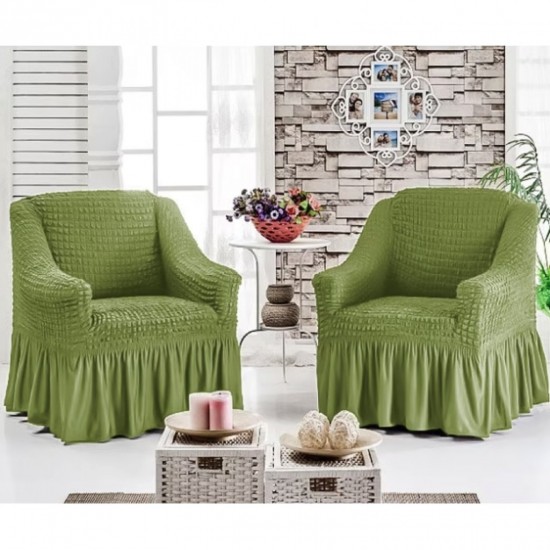 Set 2 huse elastice si creponate pentru fotolii, cu volanas, Verde, HFC-020 Huse Fotolii Creponat cu Volane