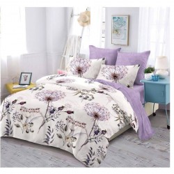 Set Lenjerie de Pat din Finet cu 2 Fete, 6 Piese, Pat 2 Persoane, Alb-Lila, flori, OLD-015