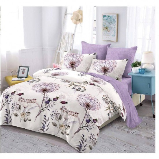Set Lenjerie de Pat din Finet cu 2 Fete, 6 Piese, Pat 2 Persoane, Alb-Lila, flori, OLD-015 Oferta duo bumbac-finet