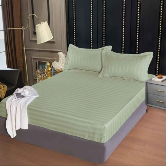 Set cearșaf cu elastic 160x200 cm din damasc finetat + 2 fețe de pernă–verde salvie, LFD-023 Huse Damasc