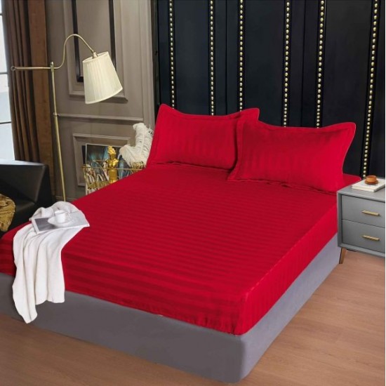 Set cearșaf cu elastic 160x200 cm din damasc finetat + 2 fețe de pernă–rosu, LFD-007 Huse Damasc